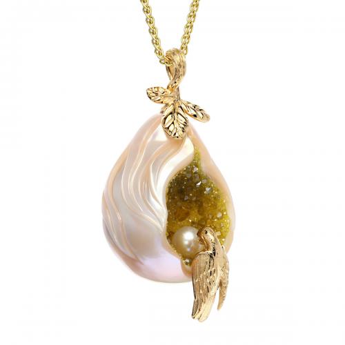 Galaxia White Freshwater Pearl Pendant with Lab-Grown Yellow Diamond Druzy